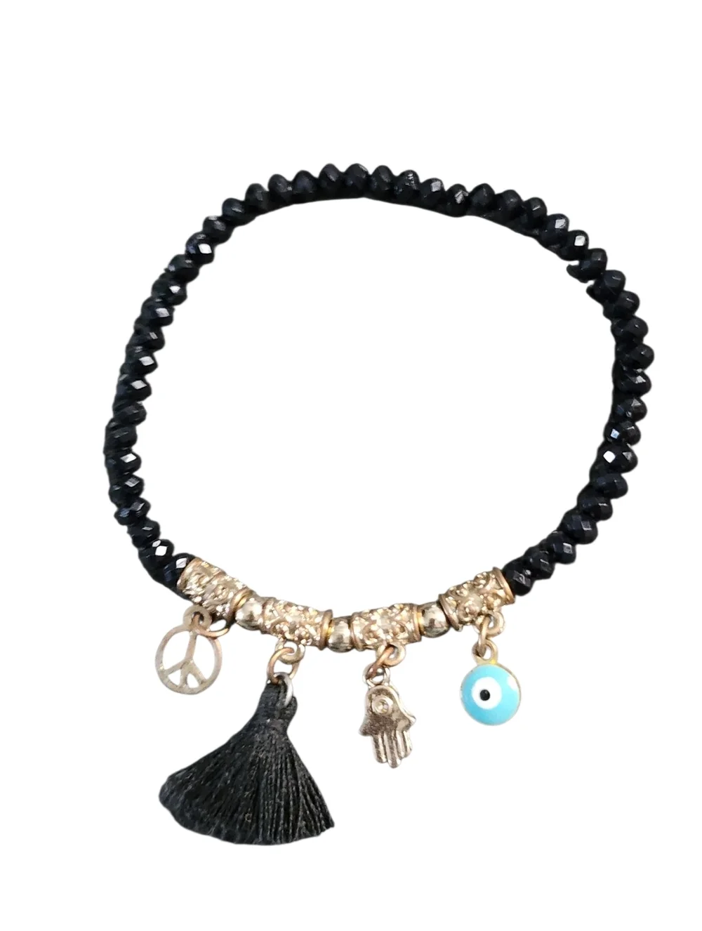 Goldtone and Black Beaded Tassel Stretch Bracelet Stack